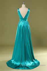 A Line V Neck and V Back Turquoise Long Semi Formal Prom Dresses with Slit, Turquoise Formal Graduation Evening Dresses